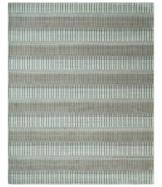 Flatwoven Modern Hand Made Stripes Scandinavian Blended Wool Area Rug, Ivory, Black and brown,8x10 | KE05810