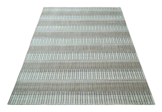 Flatwoven Modern Hand Made Stripes Scandinavian Blended Wool Area Rug, Ivory, Black and brown,8x10 | KE05810