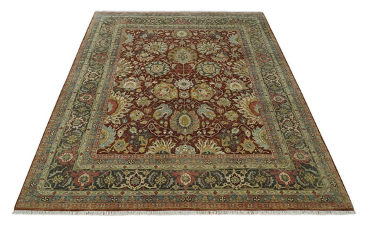 Antique Area 8x10 Red, Moss Green and Multicolor Traditional Hand Knotted Rug, Living Room, Bedroom and Dinning Rug | CP890810