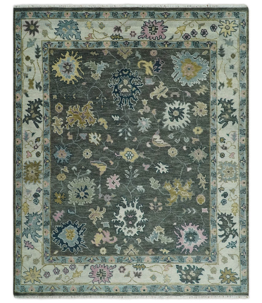 Traditional Persian Hand knotted Oriental Oushak 9x12 Wool Dark Gray and Ivory Area Rug | CP891912