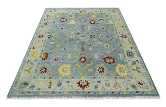 Traditional Hand knotted Oushak 8x10 Wool Persian Blue and Silver Vibrant Colorful Area Rug | CP893810