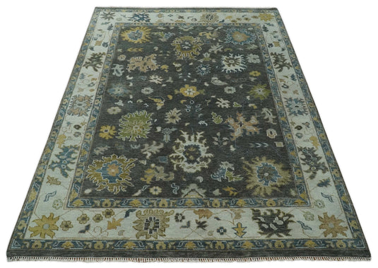 Antique Traditional Persian Hand knotted Oushak 9x12 Wool Charcoal and Ivory Area Rug | CP898912