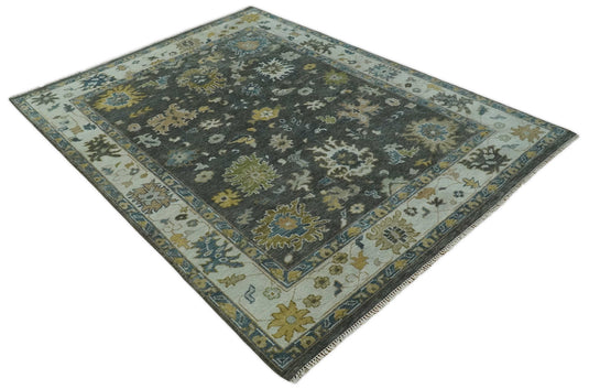 Antique Traditional Persian Hand knotted Oushak 9x12 Wool Charcoal and Ivory Area Rug | CP898912