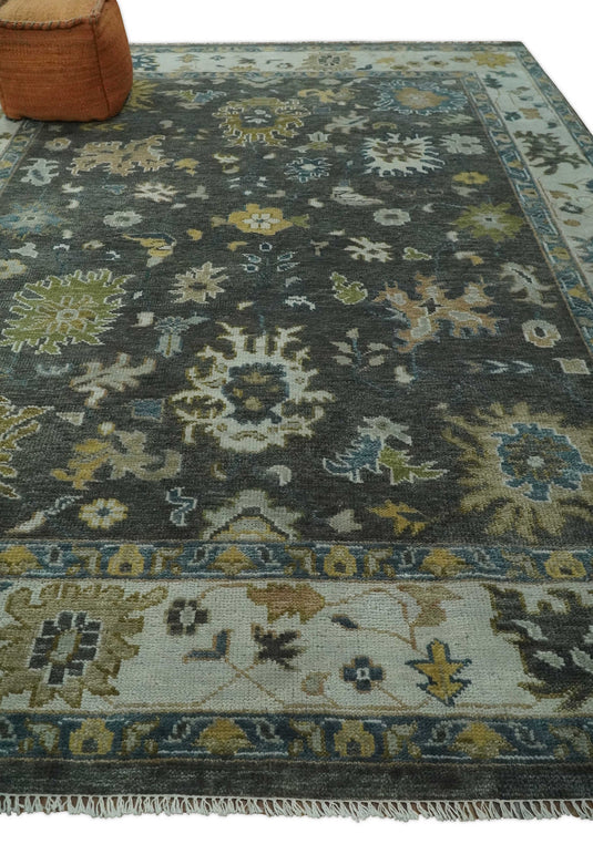 Antique Traditional Persian Hand knotted Oushak 9x12 Wool Charcoal and Ivory Area Rug | CP898912