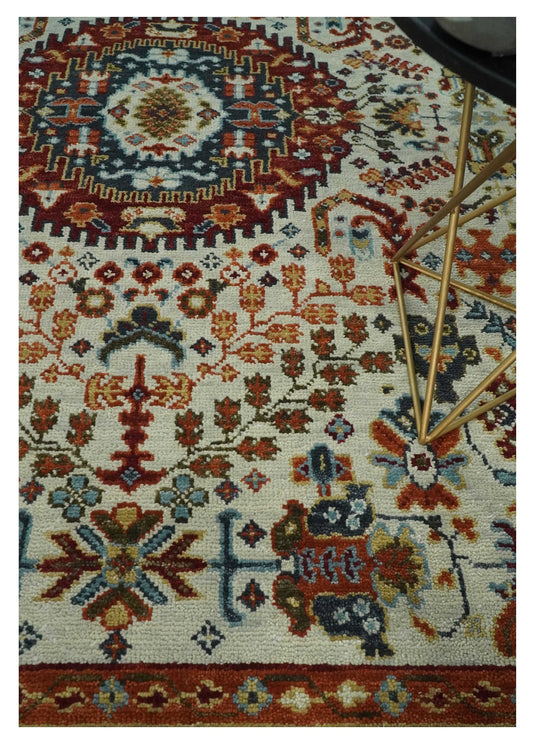Traditional Ivory, Blue and Red Hand knotted 9x12 Vintage Oriental Medallion Area Rug, Living Room, Dinning and Kitchen Rug | CP900810