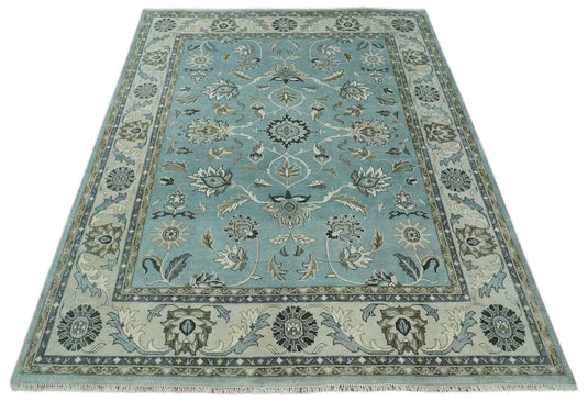 Traditional Antique 9x12 Vintage Oriental Oushak Blue, Ivory and Grey Hand Knotted  Wool Area Rug | CP908912