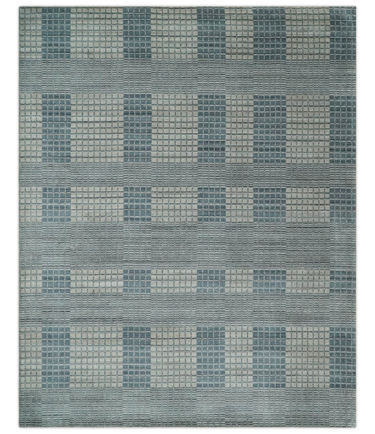 Flatwoven Modern Geometrical Checkered striped Hand Made Scandinavian Blended Wool Area Rug, Grey and Beige, 8x10 | KE14810