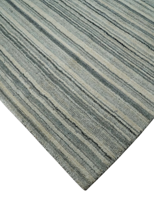 Flatwoven Striped Scandinavian Hand Made Blended Wool Area Rug, Ivory, Beige and Gray, 8x10 | KE15810