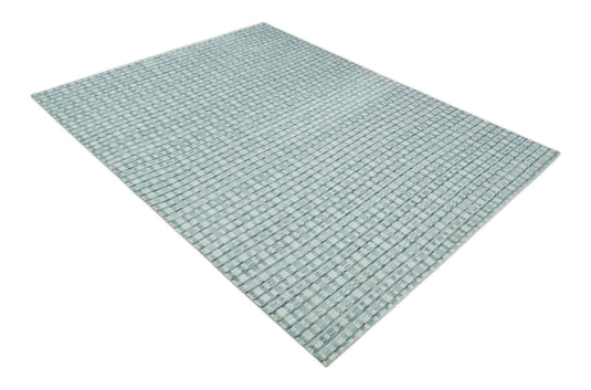 Flatwoven Hand Made Checkered Scandinavian Blended Wool Area Rug, Grey, Teal and White, 8x10 | KE18