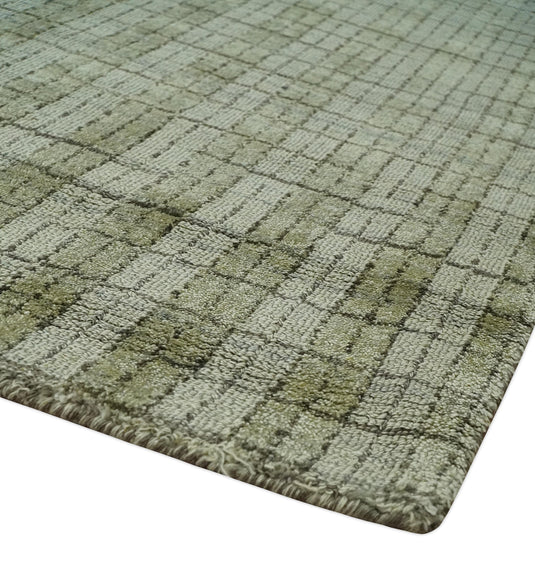 Flatwoven Checkered Scandinavian Hand Made Blended Wool Area Rug, Olive, Beige and Brown, 8x10| KE19