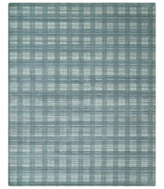 Flatwoven Hand Made Checkered Scandinavian Blended Wool Area Rug, Ivory and Blue, 8x10 | KE21810