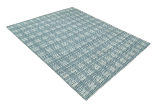 Flatwoven Hand Made Checkered Scandinavian Blended Wool Area Rug, Ivory and Blue, 8x10 | KE21810