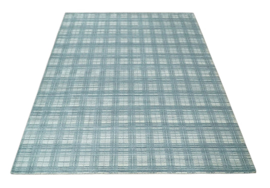 Flatwoven Hand Made Checkered Scandinavian Blended Wool Area Rug, Ivory and Blue, 8x10 | KE21810