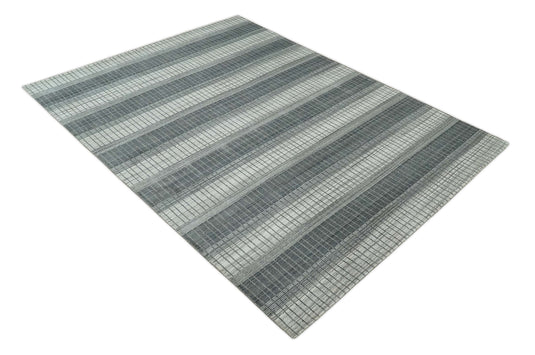 Flatwoven Modern Hand Made Stripes Scandinavian Blended Wool Area Rug, Ivory, Grey and Brown, 8x10 | KE23810