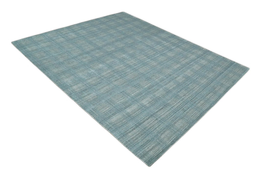 Flatwoven Checkered Blue and Gray Scandinavian 8x10 Hand Made Blended Wool Area Rug, Blue and Grey, 8x10 | KE26