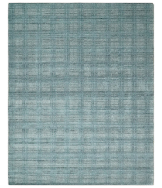 Flatwoven Checkered Blue and Gray Scandinavian 8x10 Hand Made Blended Wool Area Rug, Blue and Grey, 8x10 | KE26