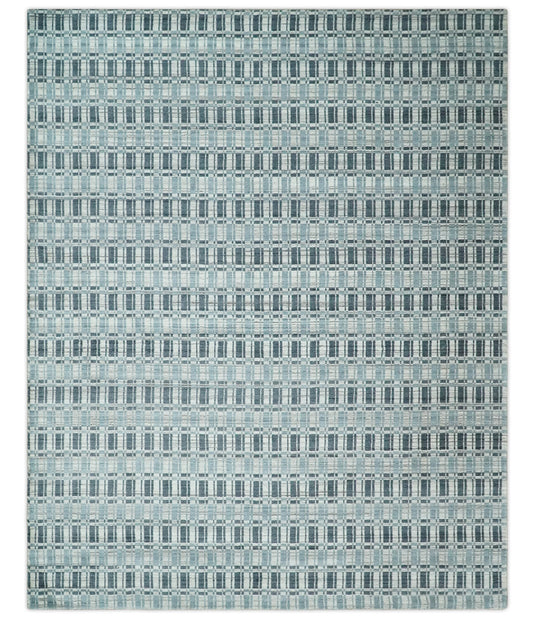 Flatwoven Hand Made Checkered Scandinavian Blended Wool Area Rug, Blue, Beige and Charcoal, 8x10 | KE30