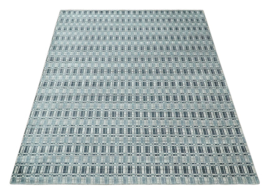 Flatwoven Hand Made Checkered Scandinavian Blended Wool Area Rug, Blue, Beige and Charcoal, 8x10 | KE30