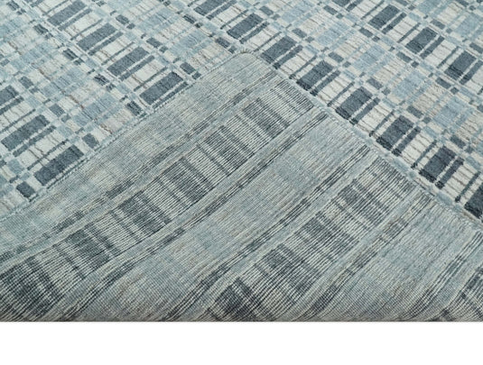 Flatwoven Hand Made Checkered Scandinavian Blended Wool Area Rug, Blue, Beige and Charcoal, 8x10 | KE30