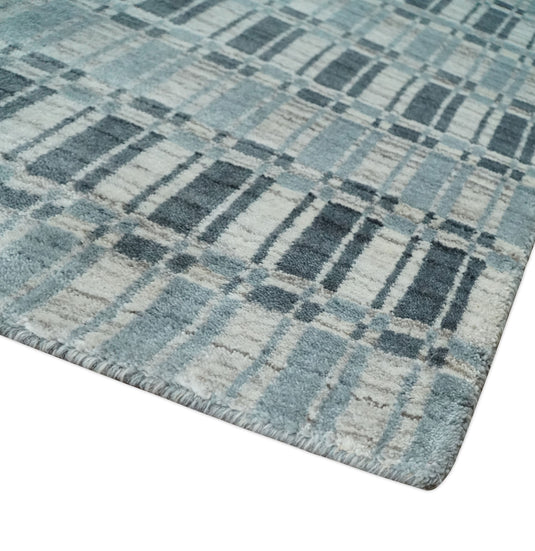 Flatwoven Hand Made Checkered Scandinavian Blended Wool Area Rug, Blue, Beige and Charcoal, 8x10 | KE30