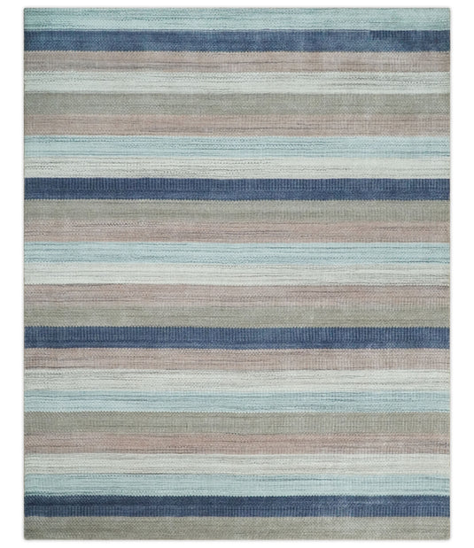 Modern Stripes Hand Made Scandinavian Blended Wool Flatwoven Area Rug, Blue, Peach, Ivory and Brown, 8x10 | KE32810