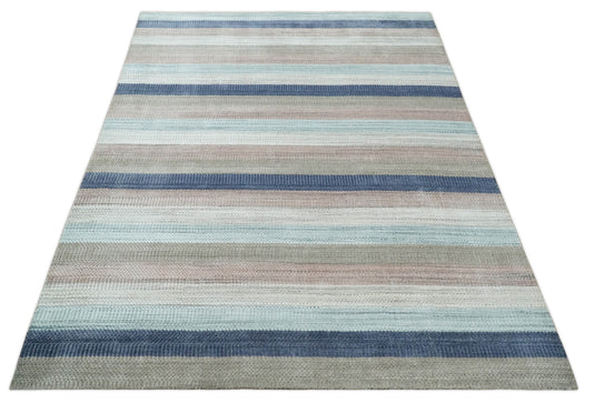 Modern Stripes Hand Made Scandinavian Blended Wool Flatwoven Area Rug, Blue, Peach, Ivory and Brown, 8x10 | KE32810