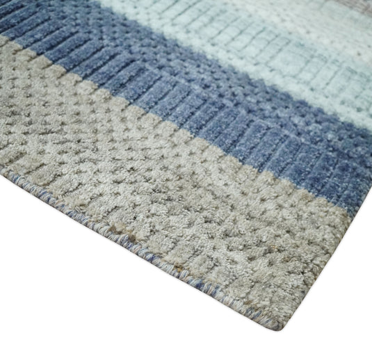 Modern Stripes Hand Made Scandinavian Blended Wool Flatwoven Area Rug, Blue, Peach, Ivory and Brown, 8x10 | KE32810