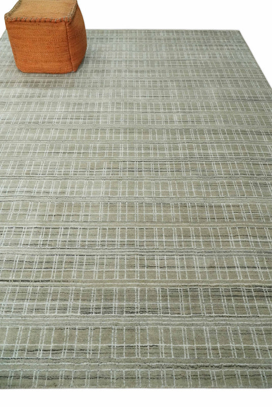 Flatwoven Modern Hand Made striped Scandinavian Blended Wool Area Rug, Camel, White and Brown | KE33