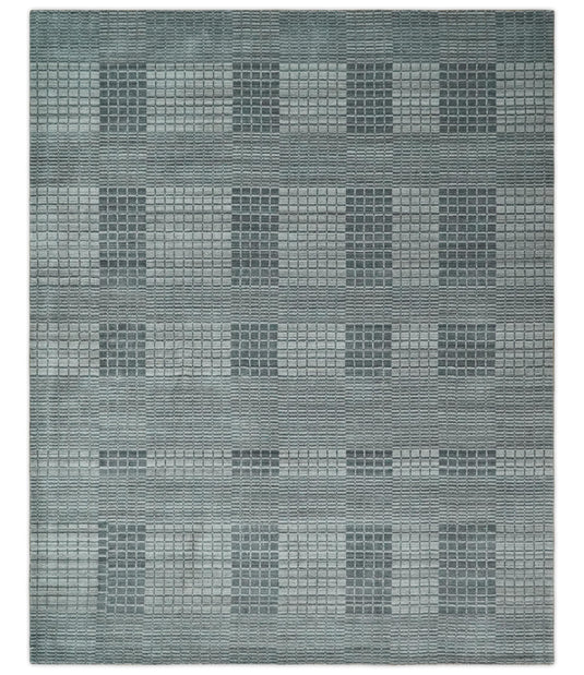 Flatwoven Checkered striped Hand Made Scandinavian Blended Wool Area Rug, Charcoal, Gray and Silver,8x10 | KE38810