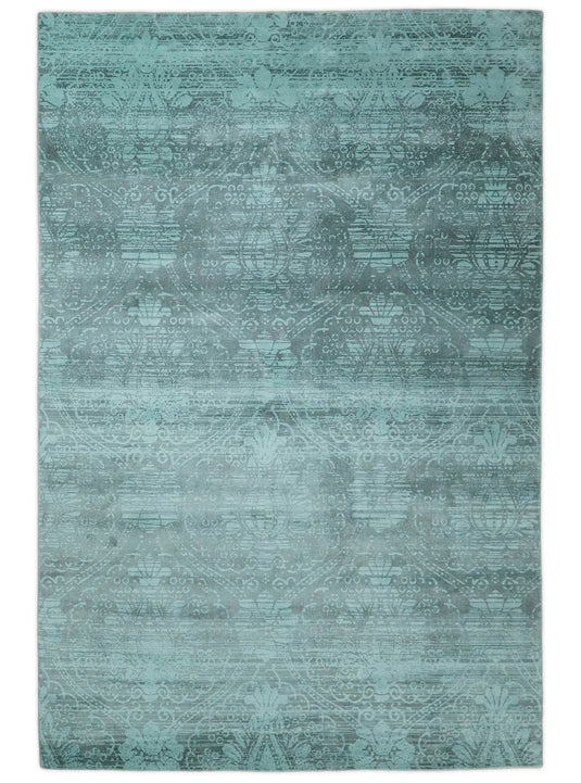 Floral design Blended Wool and Bamboo Silk Area Rug, Living Room, Bedroom, Dinning Room Rug, Blue Turquois, 6x9 | QT0169