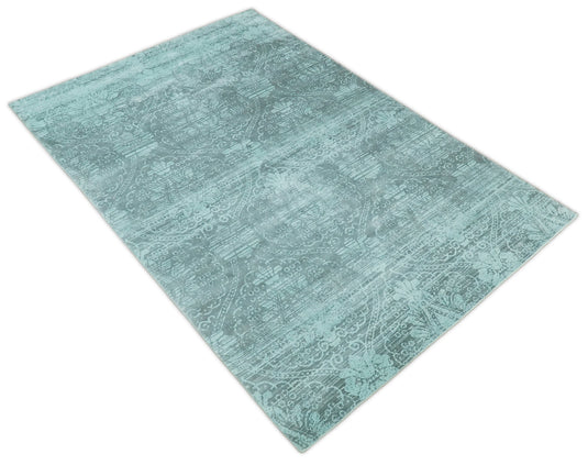 Floral design Blended Wool and Bamboo Silk Area Rug, Living Room, Bedroom, Dinning Room Rug, Blue Turquois, 6x9 | QT0169