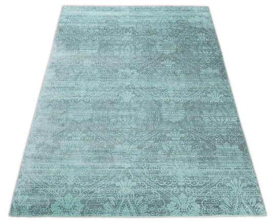 Floral design Blended Wool and Bamboo Silk Area Rug, Living Room, Bedroom, Dinning Room Rug, Blue Turquois, 6x9 | QT0169