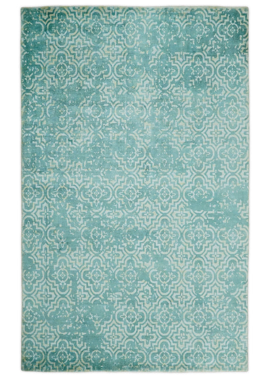 Modern Geometric Wool Blend Area Rug, Dinning, Living Room and Bedroom Rug, Blue turquois, 5x8 | QT0258