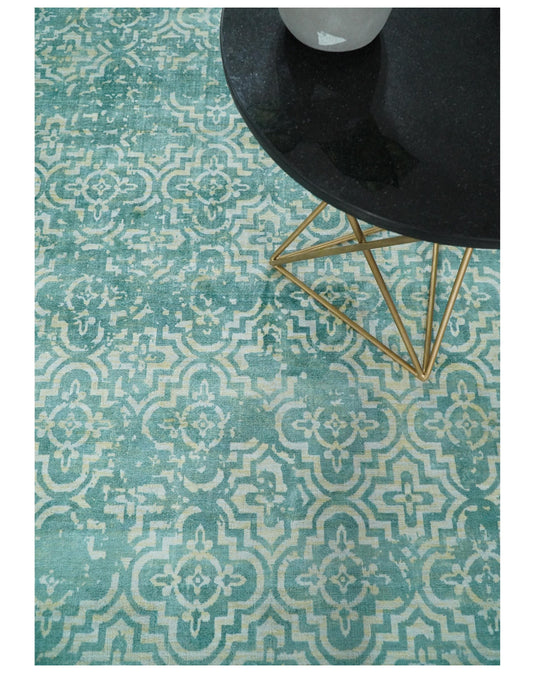 Modern Geometric Wool Blend Area Rug, Dinning, Living Room and Bedroom Rug, Blue turquois, 5x8 | QT0258