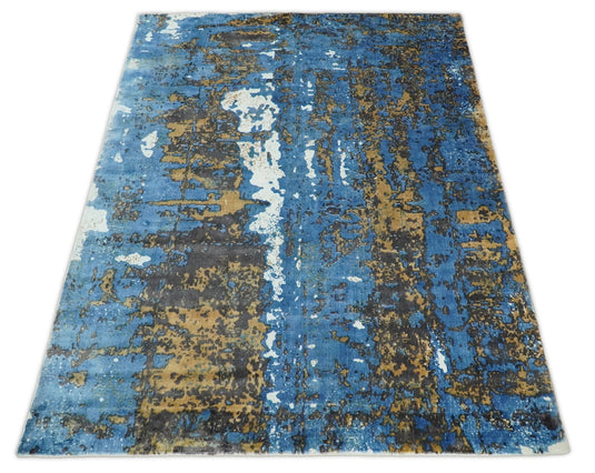 Modern Abstract Rug made with Wool Blend and Silk, Blue and Brown, 5x8 | QT0358