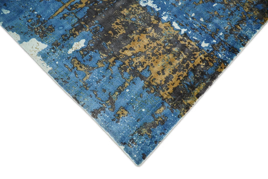 Modern Abstract Rug made with Wool Blend and Silk, Blue and Brown, 5x8 | QT0358