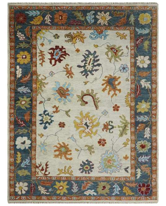 Colorful Wool Oushak Ivory, Teal and Rust Hand Knotted 6x9, 8x10, 9x12 and 10x14 Vintage Persian Rug, Bedroom, Living Room Rug | CP725