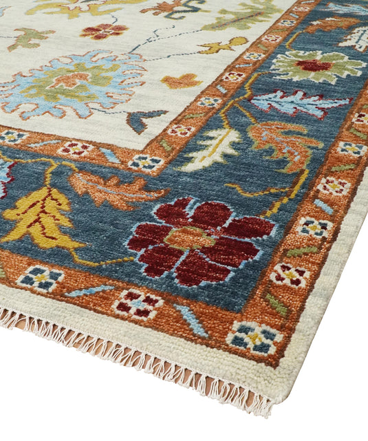 Colorful Wool Oushak Ivory, Teal and Rust Hand Knotted 6x9, 8x10, 9x12 and 10x14 Vintage Persian Rug, Bedroom, Living Room Rug | CP725