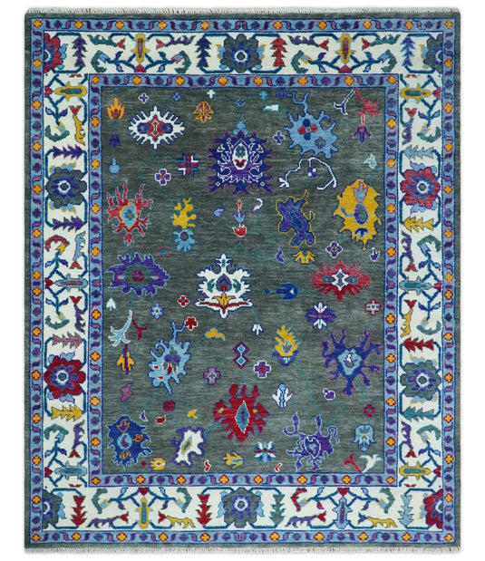 Antique Tradtional Vintage Oushak Charcoal, Ivory and Blue Colorful 5x8, 6x9, 8x10, 9x12, 10x14 and 12x15 Handknotted Area Rug| CP911