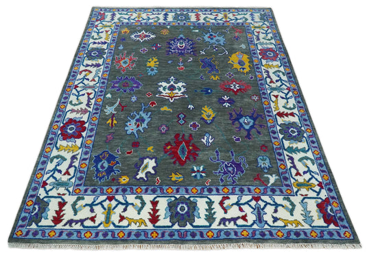 Antique Tradtional Vintage Oushak Charcoal, Ivory and Blue Colorful 5x8, 6x9, 8x10, 9x12, 10x14 and 12x15 Handknotted Area Rug| CP911