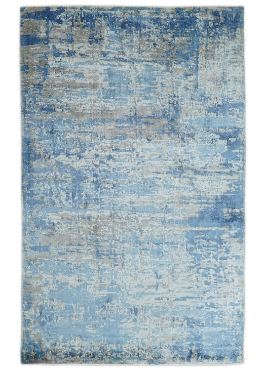 Modern Abstract made with Bamboo Silk, Blue and Ivory, 5x8 | QT12