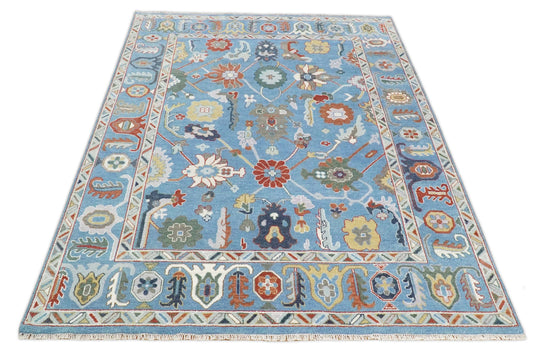 Hand knotted Turkish Oushak 9x12 Traditional Blue and Ivory  Vibrant Colorful Rug, Vintage Antique Living Room and Bedroom | CP728912