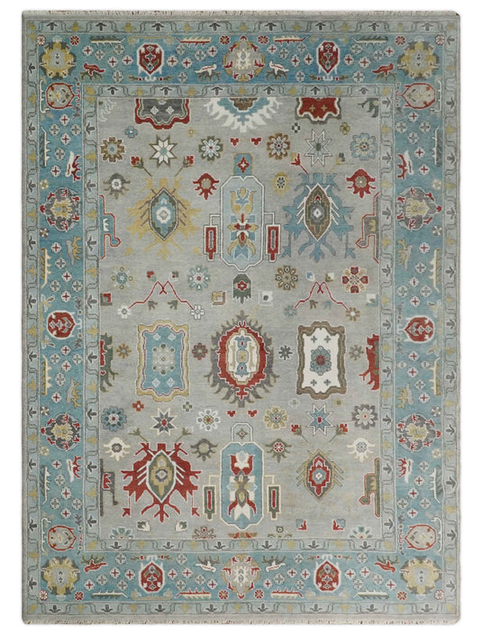 Hand knotted Turkish Oushak 10x14 Traditional Silver Blue Vibrant Colorful Rug, Vintage Antique Living Room and Bedroom | CP7291014