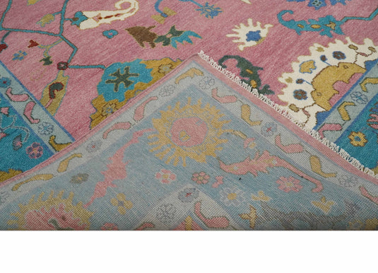 Oushak Pink and Blue 10x14 Hand Knotted Traditional Vintage Persian Style Antique Wool Rug | CP7401014