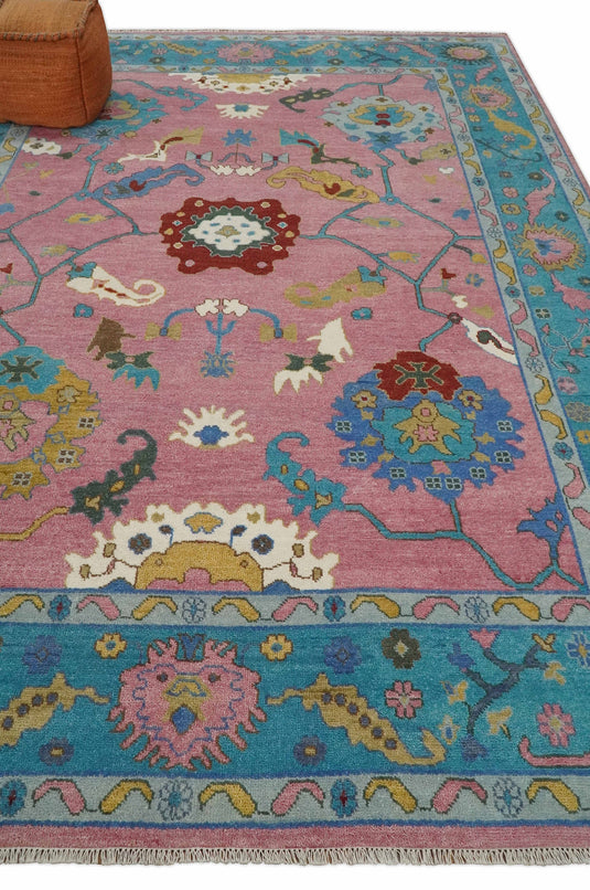 Oushak Pink and Blue 10x14 Hand Knotted Traditional Vintage Persian Style Antique Wool Rug | CP7401014