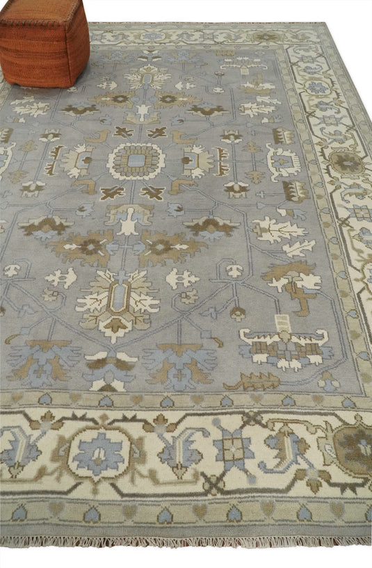 Traditional Silver, Ivory and Brown Hand knotted 9x12 Vintage Oriental Oushak Area Rug, Living Room, Dinning and Kitchen Rug | CP741912
