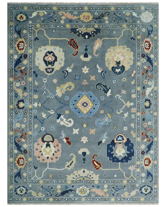 Hand knotted Turkish Oushak 9x12 Traditional Gray, Blue and Ivory  Vibrant Colorful Rug, Vintage Antique Living Room and Bedroom | CP805912
