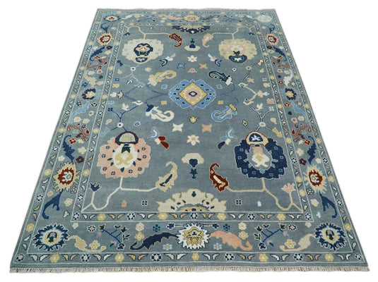 Hand knotted Turkish Oushak 9x12 Traditional Gray, Blue and Ivory  Vibrant Colorful Rug, Vintage Antique Living Room and Bedroom | CP805912