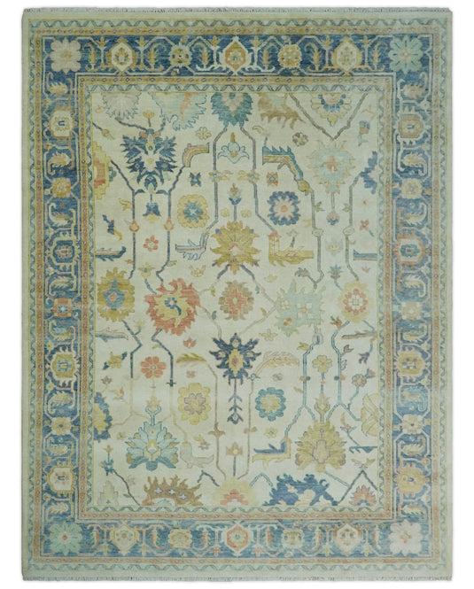 Traditional Ivory, Blue and Gold Hand knotted 9x12 Vintage Oriental Oushak Area Rug, Living Room, Dinning and Kitchen Rug | CP812912