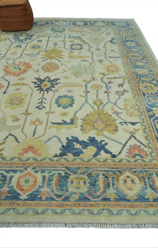 Traditional Ivory, Blue and Gold Hand knotted 9x12 Vintage Oriental Oushak Area Rug, Living Room, Dinning and Kitchen Rug | CP812912